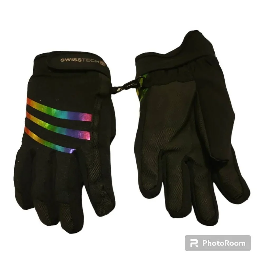 Swiss Tech Youth Water Resistant Black Ski Glove with Rainbow Foil Stripes, Rein
